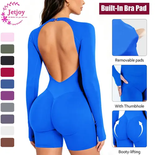 Jetjoy Seamless Long Sleeve Backless Romper, Built-in Sports Removable Pad Seamless Jumpsuit Tummy Control Romper for Women Workout Yoga Gym Seamless One Piece Jumpsuit Tummy Control Gym Shorts for Women, Workout Yoga Gym Seamless One Piece