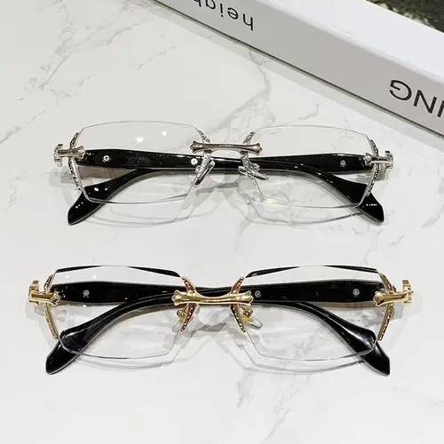 Luxury Frameless Transparent Reading Glasses with Diamond Cut Edges & Stylish Metal Temple Decorations for Reading Computer Games & High-Definition Street Style Visuals - Clear, Daily(Transparent lenses without graduation numbers)