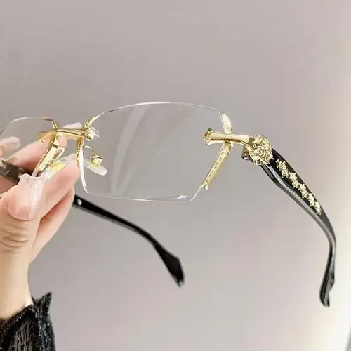 Luxury Frameless Transparent Reading Glasses - High Quality Eyewear with Diamond Cut Edges, Stylish Metal Temple Decorations for Reading, Computer Games, Non-Prescription Lenses for Daily Use