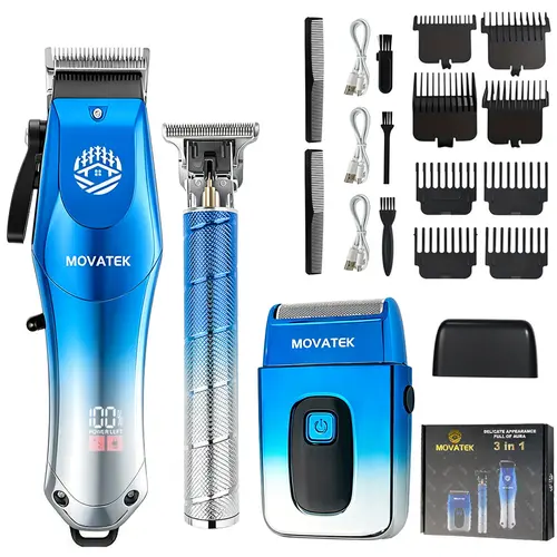 MOVATEK Men's 3-Piece Professional Barber Kit - Cordless USB Rechargeable Hair Clippers Set, LED Battery Status, Adjustable Limit Combs, Electric Shaver, Detail Trimmer, Ideal Gifts for Him (Valentine, Dad, Boyfriend) Hair Tools