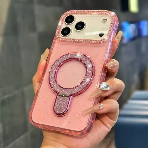 Rhinestone Edge Bracket Smartphone Case - TPU Solid Color Glitter Protector, Compatible with iPhone 17/16/15/14/13/12 Pro Max, Portable Handheld Mobile Phone Accessory, Creative Gift Cover
