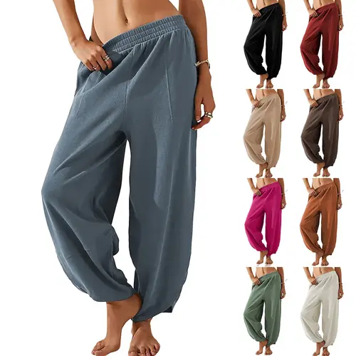 Womens Baggy WideLeg Pants Casual Elastic Waisted Palazzo Harem Pants with Pockets High Waist Relaxed Fit