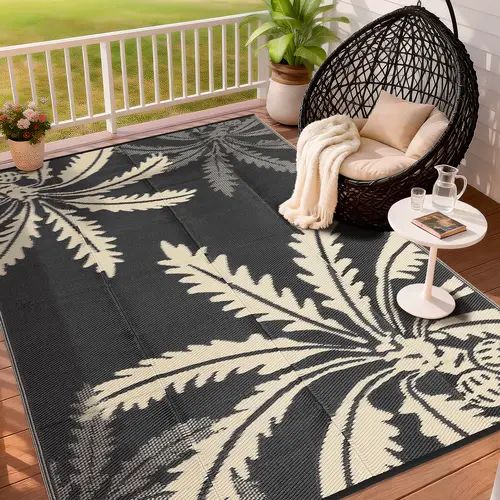 Garvee Waterproof Outdoor Carpet Coconut Tree Print Outdoor rug Double-sided Plastic Straw Rug Large Size Foldable UV Resistant for Camping RVs Pools Beaches Patios and Gardens waterproof patio rug
