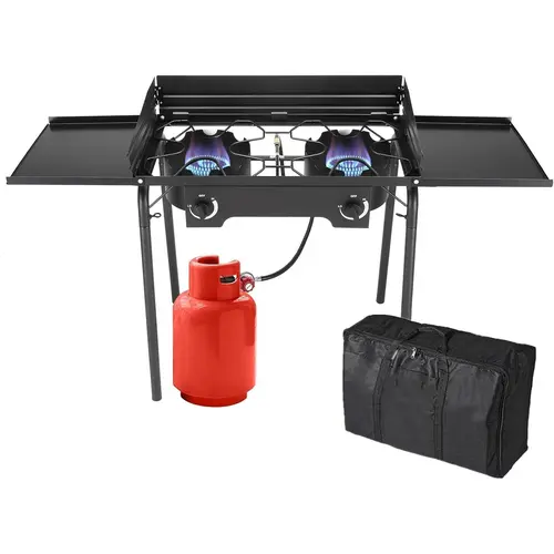 2-Burner/3-Burner 150000 BTU Cast Iron Propane Gas Stove - Outdoor Cooking Station, Adjustable Height, Foldable Side Shelves, CSA-Certified Regulator, Carry-Bag, Intense Heat, Universal Cookware Compatibility, For Camping, Tailgates
