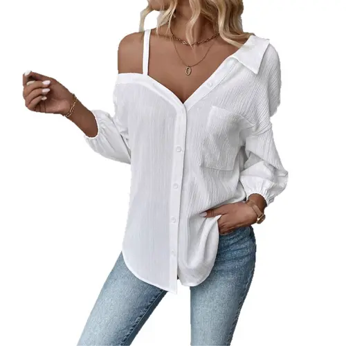 Women's 2026 Spring Summer European-American Lady's Feminine Breathable Elegant Lapel 3/4 Sleeve Off-Shoulder Open-Front Single-Breasted Textured Blouse Cardigan