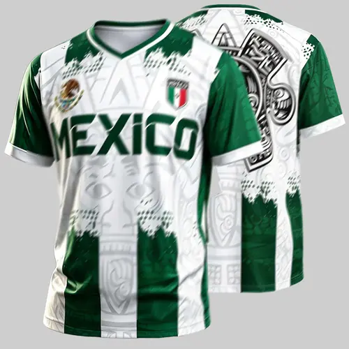 Mexican Culture Inspired Soccer Jersey, Aztec Tribal & Eagle Print V-Neck Jersey Shirt, Casual Sports Tee, Lightweight Short Sleeve Top for Fans and Themed Events