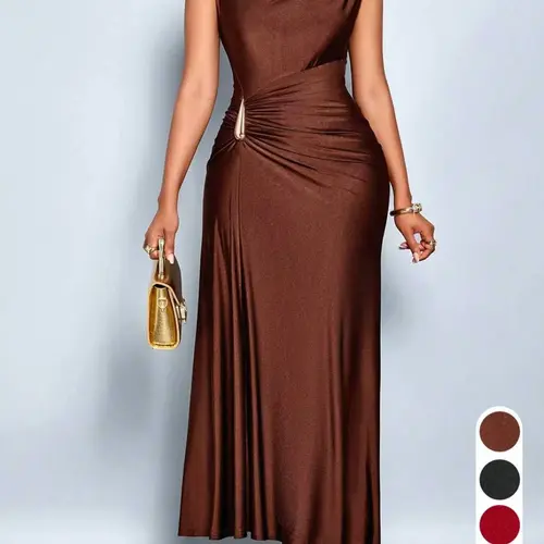 Champagne Color Asymmetric Metal Button Dress, Sleeveless Long Dress, Slim Fit, Elegant Formal Evening Gown, Party Wear, Office Style, Yhsp105