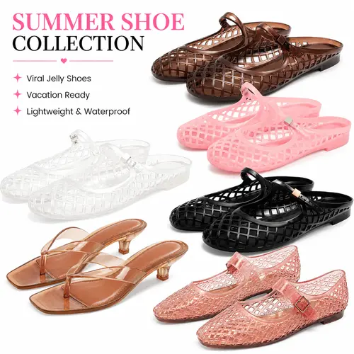 [BUY 2 GET 1 FREE] Women's Summer PVC Jelly Shoes Collection - Kitten Heel Sandals, Square Toe Mesh Flats, Mary Jane Shoes with Lightweight, Flexible & Comfortable Fit