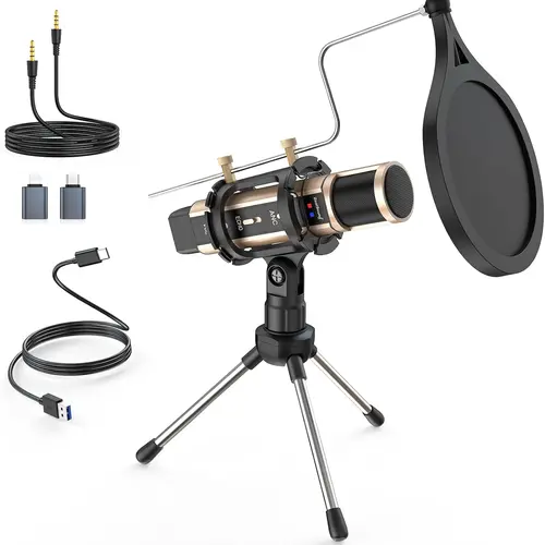 ZealSound USB Condenser Podcast Microphone - USB-C Compatible for iPhone, iPad, Android, PC, Laptop, Tablet - PC Accessories, Streaming Equipment with Noise Reduction, Mute, Headphone Monitoring, Echo Control for Podcasts, Classes