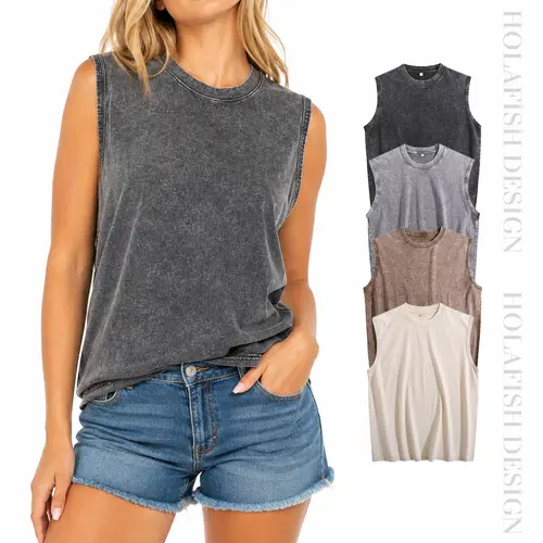 Holafish Women’s Minimalist Aesthetic Vibe Acid Wash Cotton Sleeveless Tank Tops - 1/3 Pack Soft Lightweight Breathable Fabric Shirts for Gym, Street Style Casual Wear