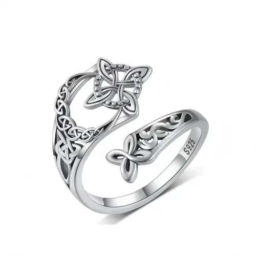Women's S925 Sterling Silver Antique Celtic Knot Ring - Adjustable Hypoallergenic Open Loop Band, Meaningful Spiritual Strength Empowerment Witchy Rings for Women, Mother’s Day Daily Wear Jewelry