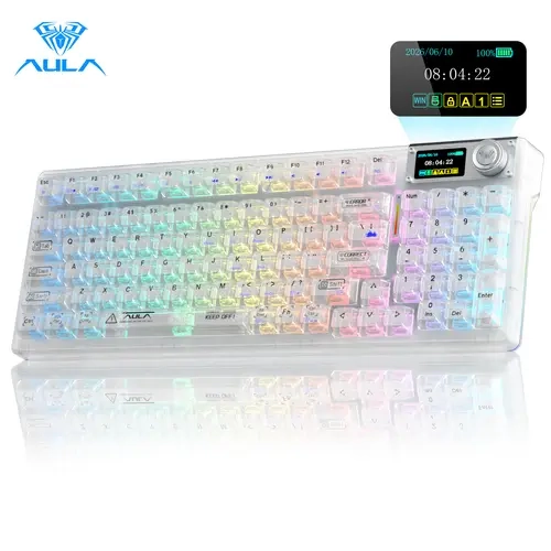 AULA F98 Pro V3 White Transparent Full-Size Illuminated RGB Backlighting Gaming Keyboard with Number Pad, 10000mAh Battery, TFT Smart Screen & Knob, Tri-Mode Bluetooth/2.4G/USB-C, Hot Swappable Gasket, Wireless Mechanical, Keyboards, Gaming Keyboards, Key