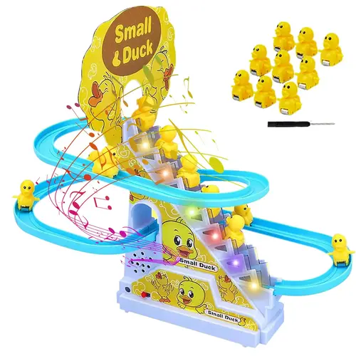 9 Mini Duck Cars & Flexible Race Track Set, Electric Climbing Slide Roller Coaster Toy with Light & Music, Fun Duck Chasing Racing Game for Kids