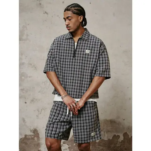 Men's 2-Piece Checked Classic Casual Set - Soft Textured Half-Zip Shortleeve Polo Shirt, Drawstring Straight Shorts, Breathable Relaxed-Fit Summer Streetwear Menswear Outfit