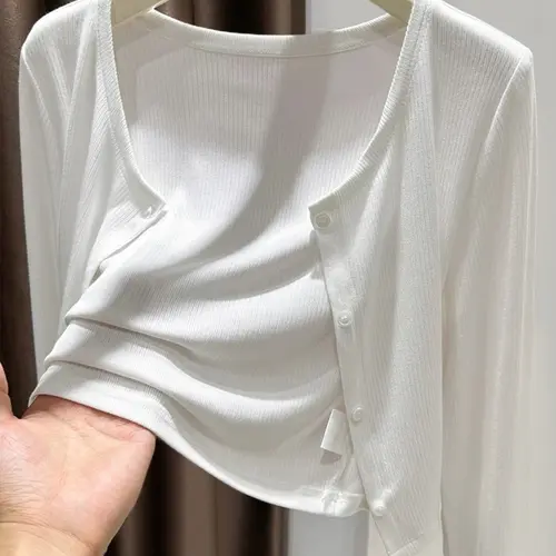 Spring Summer Lightweight Modal Knit Solid Color Knitwear Small Jacket Scarf Sunscreen Long Sleeve Top, Breathable & Comfortable Casual Design, Perfect for Daily Wear