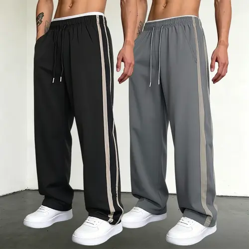 Men's Baggy Retro Colorblock High-Street Sweatpants - 2PCS Gym Activewear Tracksuit Bottoms, Casual Comfy Sporty, Loose Baggy Drapey Fit, Stripe Patchwork, Lightweight, Multi-Color for Spring & Summer, Men's Clothing