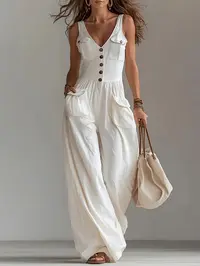 2026 New Women's Sleeveless Fashion Casual Overalls Jumpsuit, French Style Chic High-Waisted Wide-Leg Jumpsuit, Loose-Fit, Lightweight, Multi-Pocket Workwear