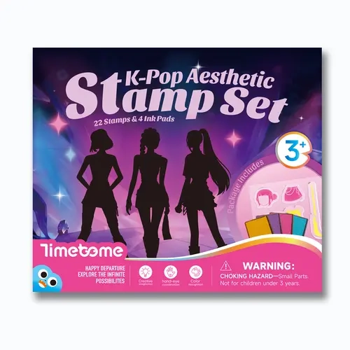 K-POP Aesthetic Stamp Set with Picture Book, 22 Scilicone Stamps and 4 Ink Pads, Suitable for children ages 4 to 12