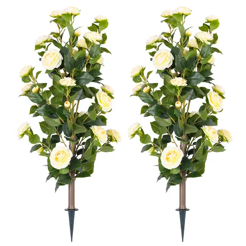DLD 2-Pack 36" Silk Artificial Camellia Trees with Ground Spikes, UV-Resistant Pink/Yellow Faux Flower Bushes, Box-Packaged for Wardrobe, Asian Casual Chevron Juneteenth Indoor Outdoor Home Decor