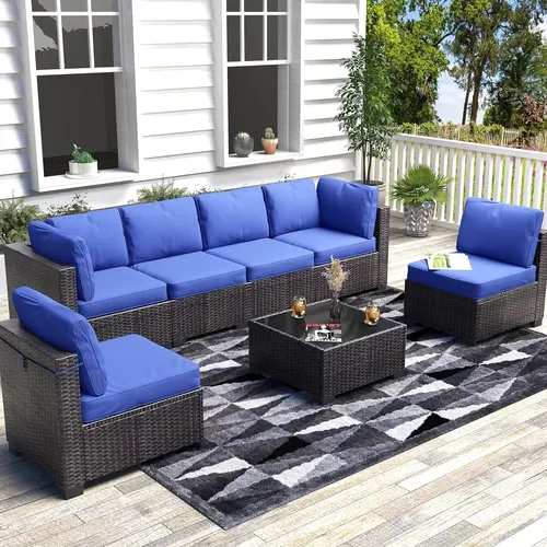 7-Piece Patio Sectional Sofa Set - Wicker Rattan Outdoor Furniture with Cushions & Glass Coffee Table, Waterproof Conversation Set for Garden, Backyard, Porch, Poolside