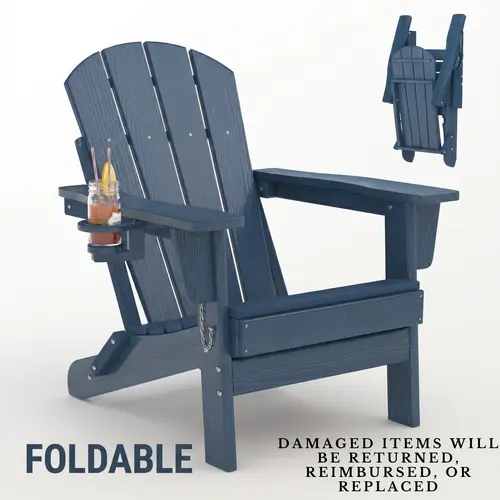 【Summer Sale】Folding Adirondack Patio Chair - All-Weather HDPE Outdoor Chair with Wooden Texture & Cup Holder, Weather Resistant Lawn Chair for Garden, Deck, Fire Pit