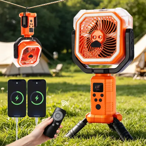 Qawtor 2026 Upgraded Multifunction Cooling Rechargeable Jet Fan - Portable Fan, Batteries, Mist Function, Tripod, Hanging Hook, Telescopic Stand, Digital Display, Multi-Speed, Modern Style, Outdoor Camping Travel Use