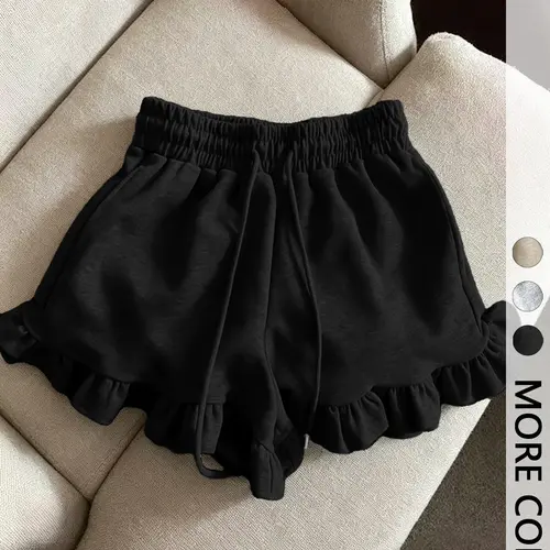 Women's Solid Color Ruffle Hem Shorts, Elastic Drawstring Waist, Casual Breathable Summer Wear, Daily Casual Shorts