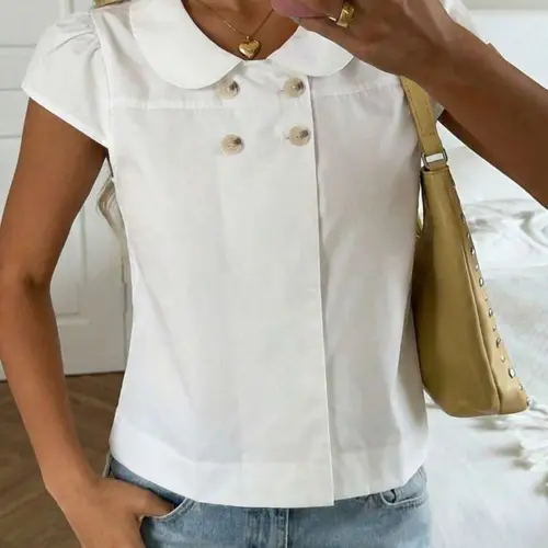 Simple Solid Color Peter Pan Collar Top, Women's Double Button Short Sleeve Short Dress Shirt, Blouse, Versatile Casual Office Wear, Easy to Match