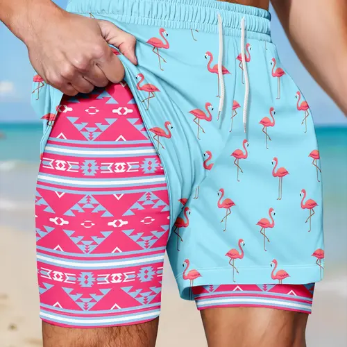 Men's 2-in-1 Quick Dry Beach Shorts Light Blue Flamingo Print with Aztec Liner Swim Trunks Swimwear Shorts Swimsuit Shorts Printed Swim Trunks