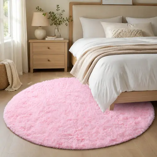 TABAYON Round Fluffy Pink Non-Slip Rug for Bedroom, Decorative Pink Floor Mat for Bedrooms & Girl Room Decor, 1-Count Bedside Rug for Home Use