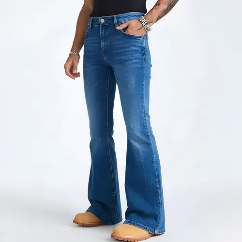 Fashion washed micro flared jeans for men — vintage distressed wide-leg flared long pants