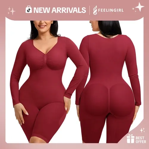 FeelinGirl Women's Long Sleeve Tummy Control Bodysuit V Neck Basic Stretchy Slim Fit Body Suits Going Out Tops Spandex NewArrivals #SohoChic