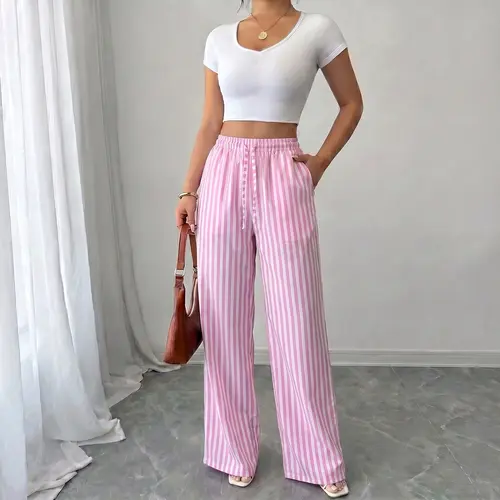 Women’s summer striped loose casual straight-leg pants, lightweight breathable fashionable long trousers suitable for work, travel, everyday wear, 100% polyester fiber