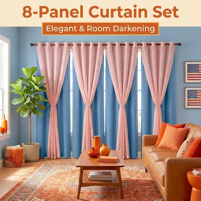 Curtain Club, 8-Piece Set 52x95 Inches, 4 solid-colored full blackout curtains and 4 slub yarn curtain panels, grommet-top design, premium quality for decorative use, suitable for living rooms, bedrooms, studies and kitchens, FT2599 L12