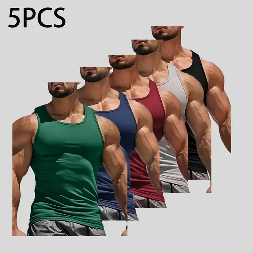 Men’s Clothing 5-Pack Slim Fit Athletic Tank Tops - High Stretch, Breathable, Quick Dry, Sleeveless Compression Fitness Vest Top, Activewear Summer Sports Base Layer