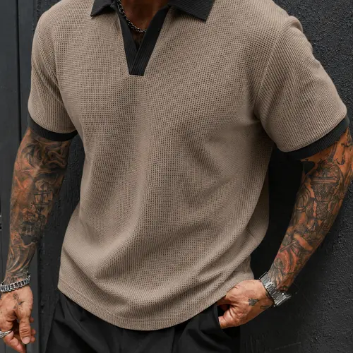 Mens Textured Polo Shirt Short Sleeve Contrast Collar Relaxed Fit Summer Outfit Top Work Commute Weekend Golf Casual Wear Vacation What To Wear Fit Inspo Street Looks Easy Care Collar Detail Everyday Layering Polo Style Black
