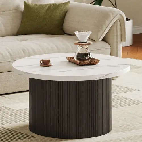 【SummerFinds】ONBRILL 31.5" Gorgeous Fluted Coffee Table, Round Mid Century Coffee Tables for Living Room, Cute Modern Wood Coffee Table, Drum Accent Small Center Table, Bedroom Furniture SummerFinds