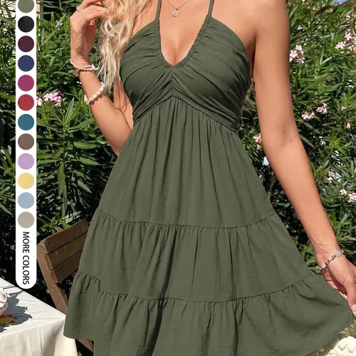 Women Summer Daily French Fresh Resort Style Ruched Multi-layer V Neck Halter Dress Womenswear Home Outdoor City Regular Trend Casual Elegant Youthful Simple Versatile Textured Temperament Artistic Fit