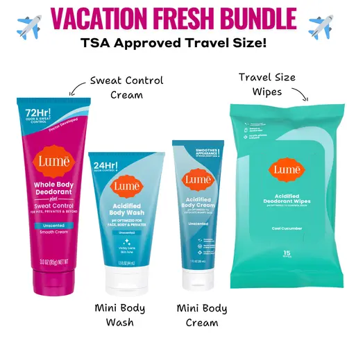 Lume's Vacation Fresh TSA Approved Travel Size Bundle: Sweat Control Cream, Body Wash, Body Cream, Deodorant Wipes for whole body and intimate