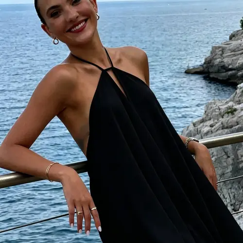 New Women's French Style Halter Neck Tie Backless Sleeveless Dress, Flowy Hollow Out Slim Fit Short Vacation Dress, Womenswear
