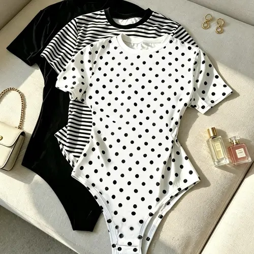 Women’s Short Sleeve Slim Fit Bodysuit, Casual Chic Aesthetic Polka Dot & Striped Print Crew Neck Bodysuit, Stretchy Soft Fabric, Versatile for Daily Wear and Summer Outfits, Casual Bodysuits, Fashion Womenswear