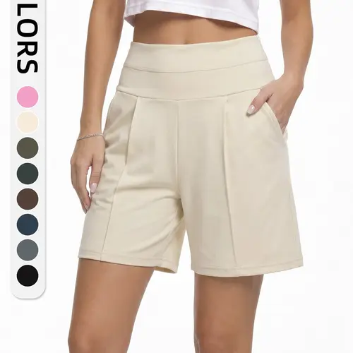 Women's Summer High-Waist Pocket Gym Shorts, Athleisure Shorts, Casual Fitness Shorts, Comfortable Casual Yoga Pants, Loose-Fitting Elastic Waist, Plain Design, Athletic Wear Shorts