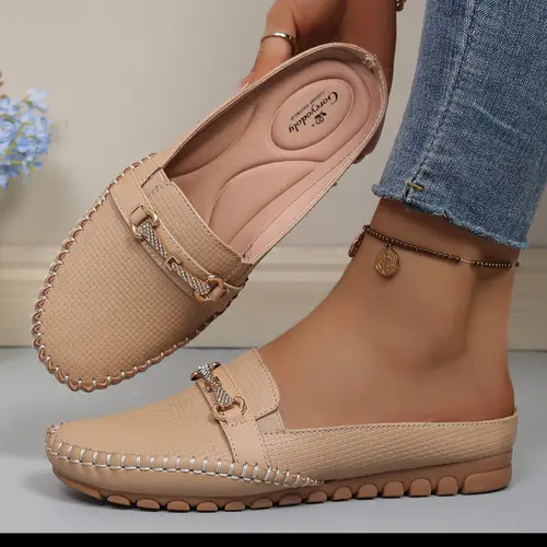 Goreyodoly women mule flats quilted slip on shoes chain detail wide fit lightweight soft sole anti slip casual comfort low back design easy wear elegant style all season shoes for commuting travel indoor outdoor use Non Slip Mules