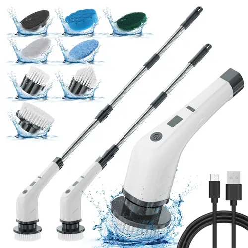 Electric Cordless Rechargeable Spin Scrubber - Wireless USB Rechargeable Cordless Power Scrubber with Adjustable Speed, 8 Replaceable Brush Heads, No Back Pain for Bathroom, Kitchen Cleaning