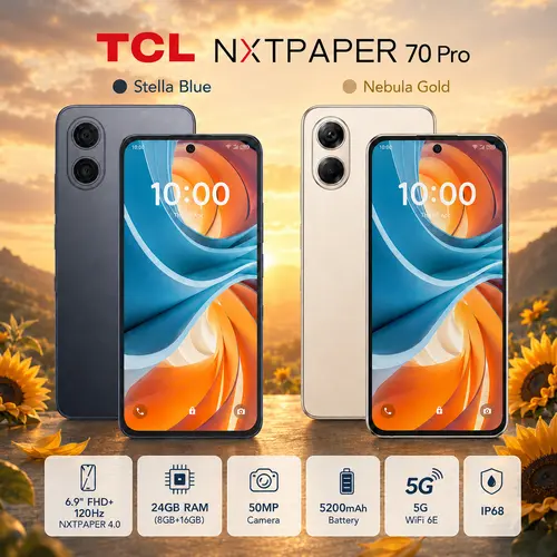 TCL NXTPAPER 70 Pro Cell Phone, Android Phone Unlocked, 128GB Storage, 6.9" FHD+ 120Hz NXTPAPER 4.0 Display, 24GB RAM (8GB+16GB), AI Tools, 50MP Camera, 5200mAh Battery, 5G WiFi 6E, IP68, Stella Blue