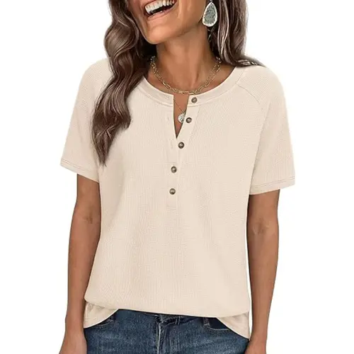 PRETTYGARDEN Waffle Knit Tops for Women Short Sleeve Henley Shirts Summer Blouses Dressy Casual Spring Fashion Clothes