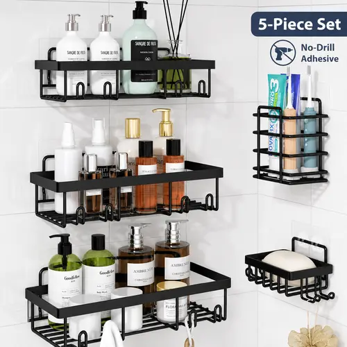 5 Pack Shower Caddy Organizer Rack Shelf for Inside Shower, Adhesive Bathroom Wall Storage Basket Rustproof Stainless Steel Shampoo Holder, Bathroom Accessory Decor Set, Black.