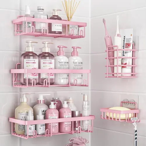Minimalist Modern Round 5-Piece Pink Stainless Steel Shower Caddy Set - Self-Adhesive No-Drilling Hollow Bathroom Accessories, Waterproof Rust-Resistant Shelf, Shampoo Basket, Showerhead Holder, Soap Organizer, Easy Installation Home Decor