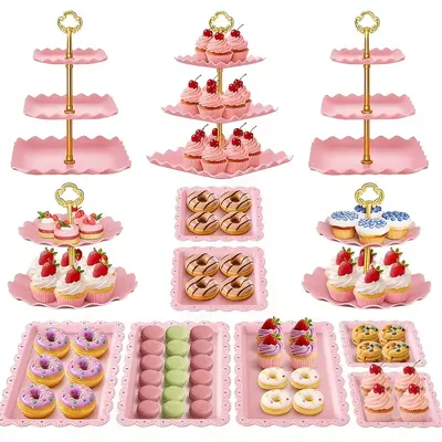 Sebastian CADIA 12pc Table Setup Plastic Dessert Display Set - 3-Tier Tower, 2-Tier Rack, Trays - Cupcake Stands, Party Decor for Happy Birthday Events