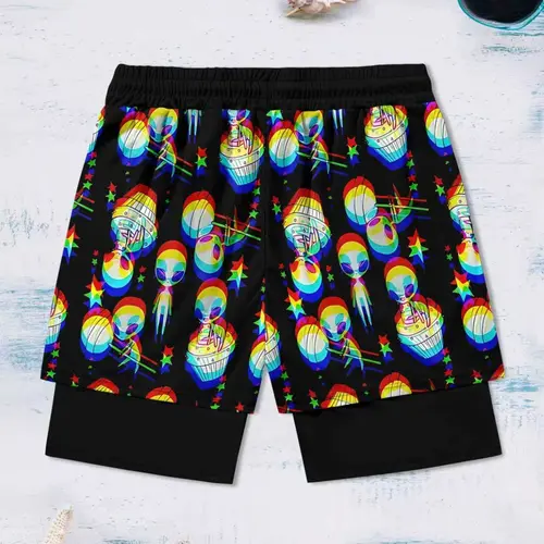 Men's Alien Print Shorts, Colorful Ufo Quick-Dry Tropical Beach Shorts with Phone Pocket, Summer Casual Beach Style Sports Surfing Shorts